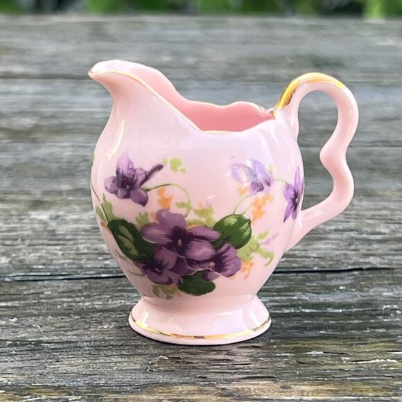 Vintage Pink  Purple Violets Japan Miniature Water Pitcher Porcelain Creamer 2" - Picture 1 of 5